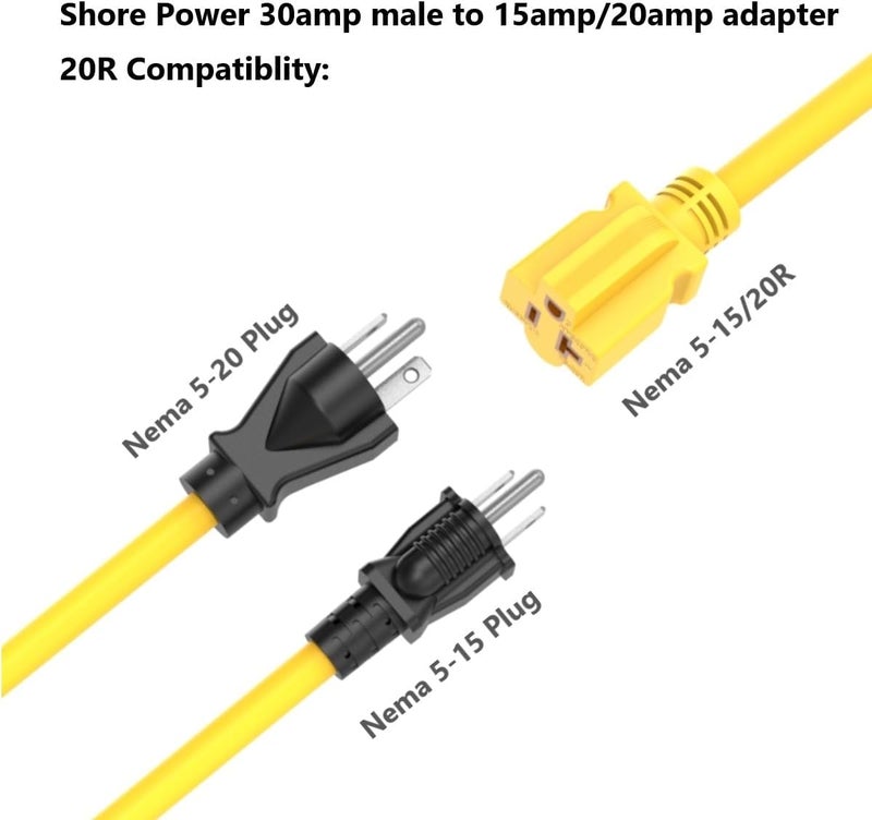 ADCAUDX سلك تمديد بحري بطول 15 قدم 30 أمبير إلى 20 أمبير، NEMA L5-30P إلى 5-15/20R، 10AWG 30 أمبير إلى 20 أمبير كابل تمديد بحري، قفل لولبي 125 فولت 30A إلى 20A/15A 110V لمخرج قارب، RV - Image 5